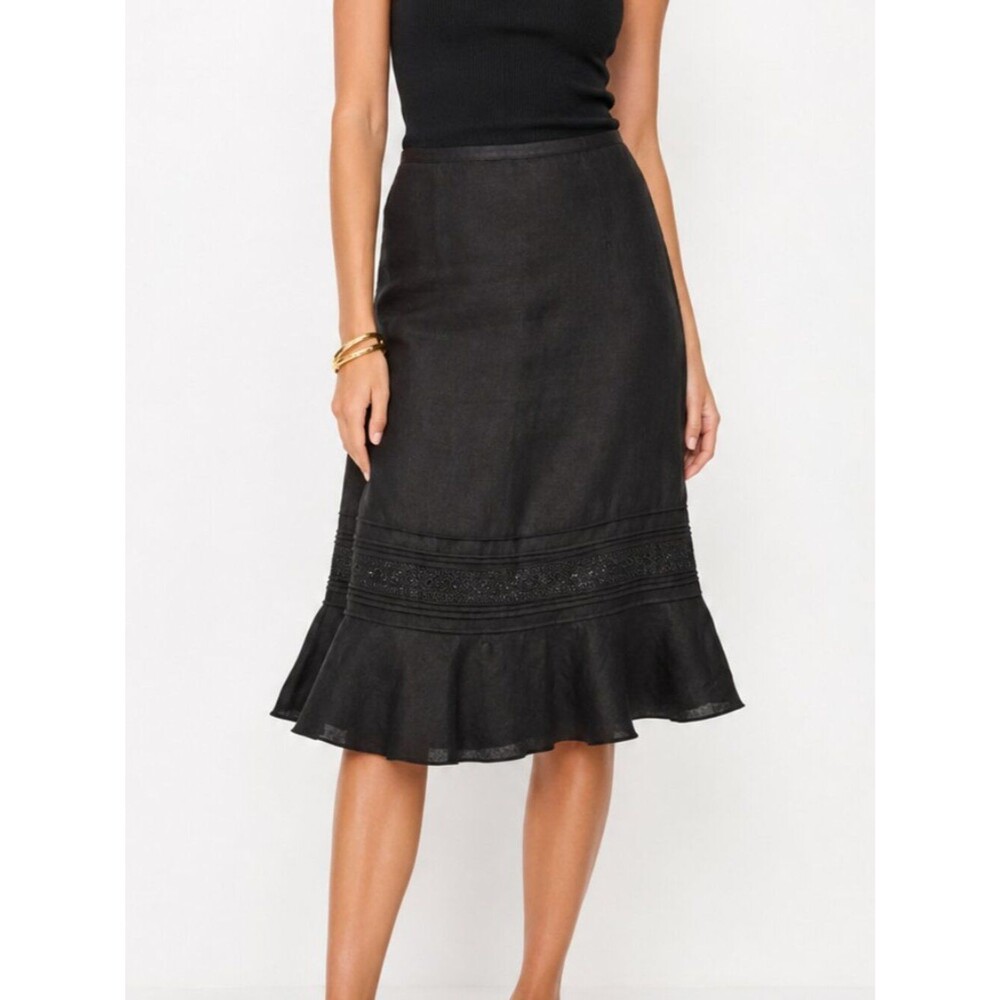 Ann Taylor LOFT 100% Linen Midi Skirt Size 6 Black Ruffle Hem Feminine Classic